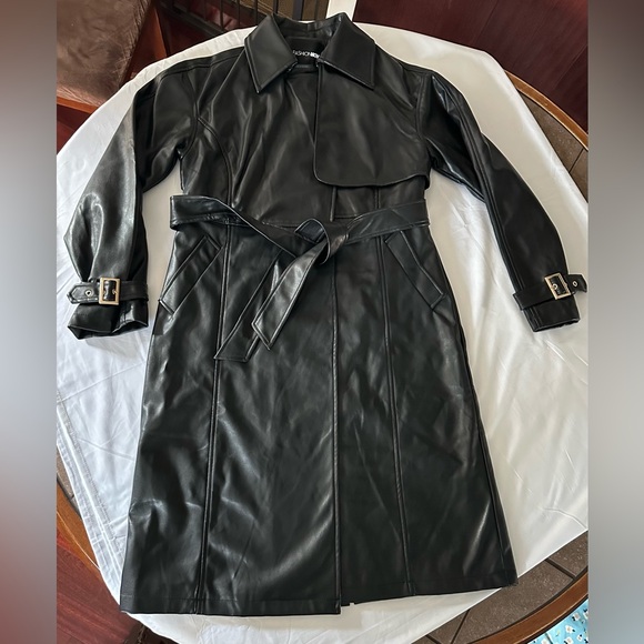 Black Faux Leather Trench Coat - Picture 4 of 10